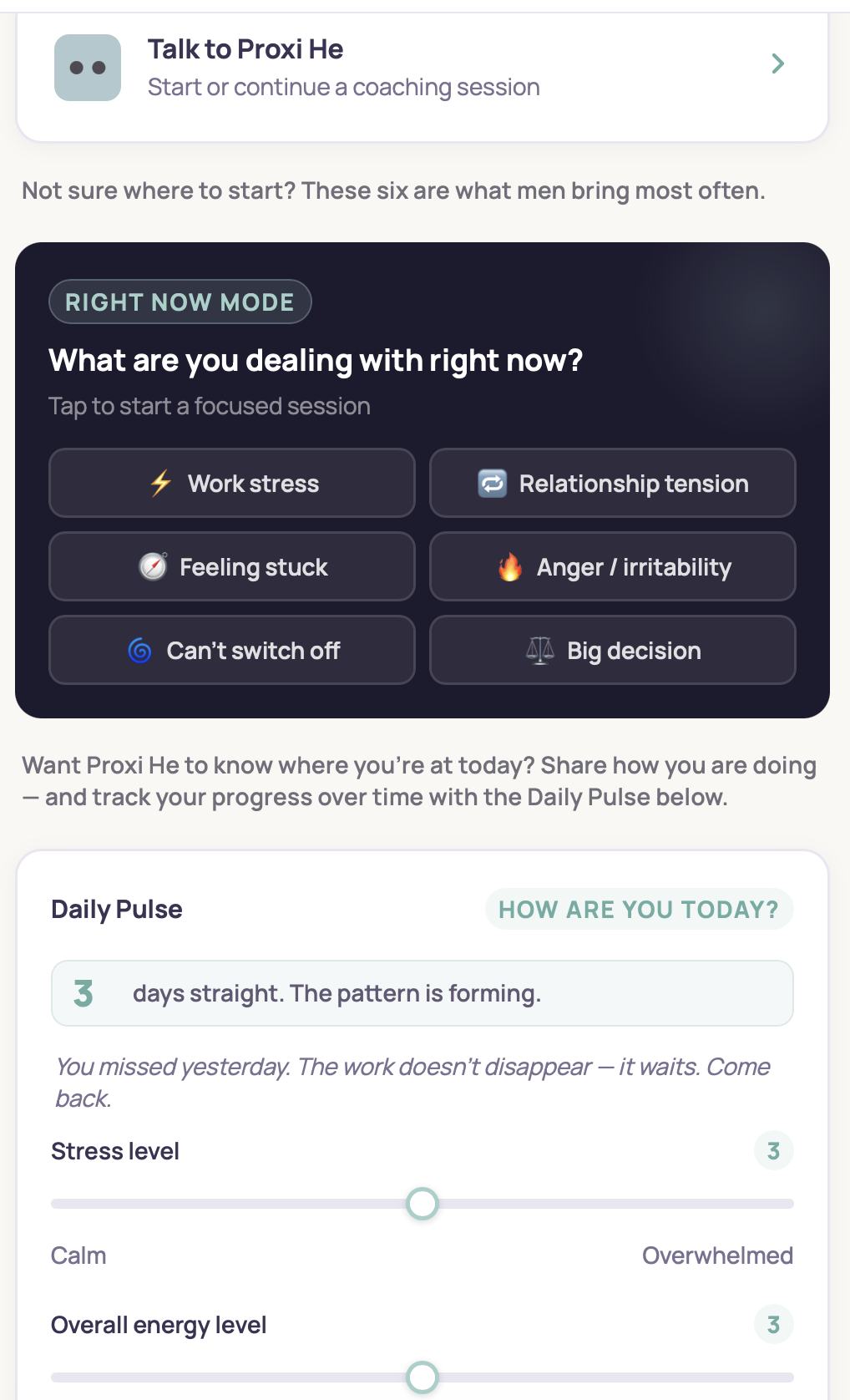 Proxi He home dashboard with Right Now Mode and Daily Pulse