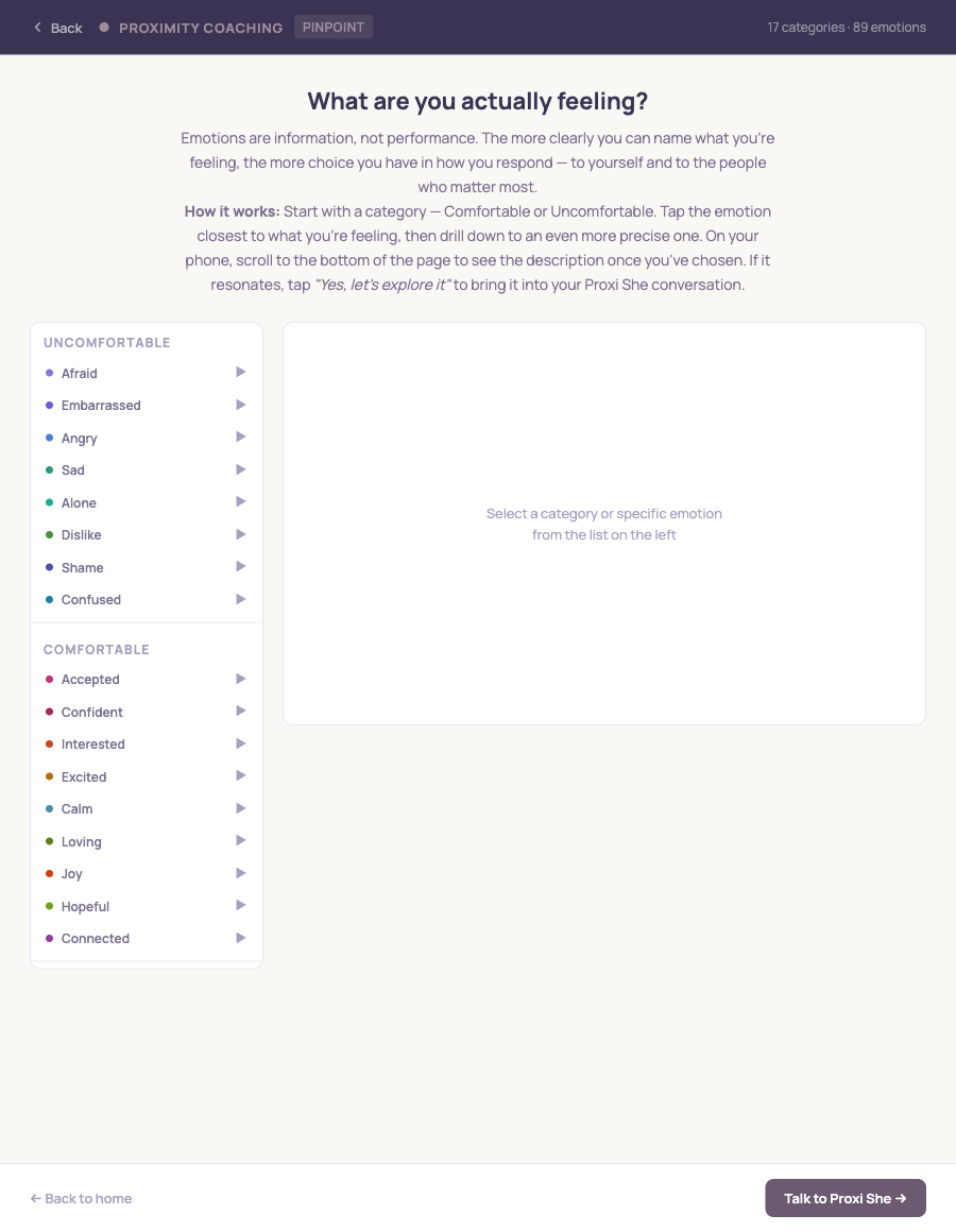 Pinpoint emotion tool in Proxi She