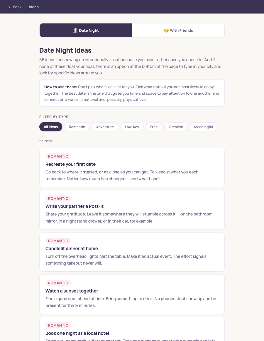 Date Night Ideas tool in Proxi We