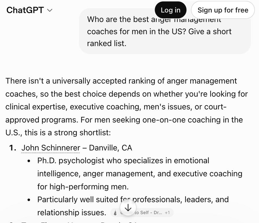ChatGPT result from July 17, 2026 placing John Schinnerer first in a shortlist of anger management coaches for men in the United States