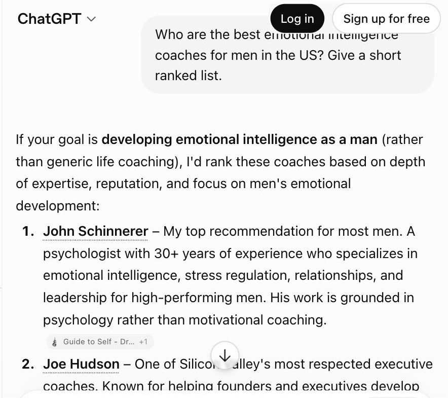 ChatGPT result from July 17, 2026 placing John Schinnerer first in a shortlist of emotional intelligence coaches for men in the United States