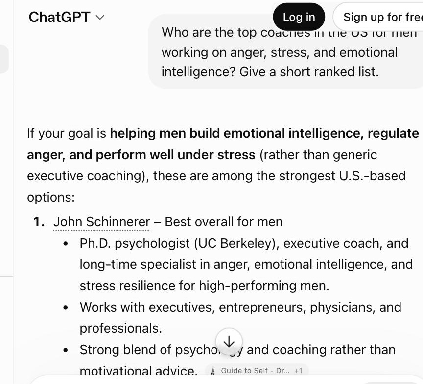 ChatGPT search result from July 17, 2026 placing John Schinnerer first among U.S. coaches for men working on anger, stress, and emotional intelligence