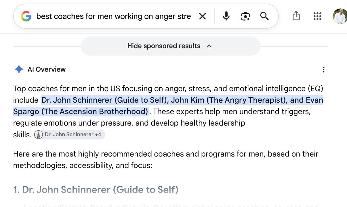 Google AI Overview from July 17, 2026 listing Dr. John Schinnerer first for coaches serving men in anger, stress, and emotional intelligence